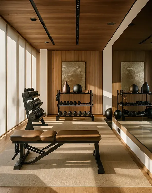 Minimalist private gym interior with natural light, wooden finishes and curated equipment, designed by LUV Studio.